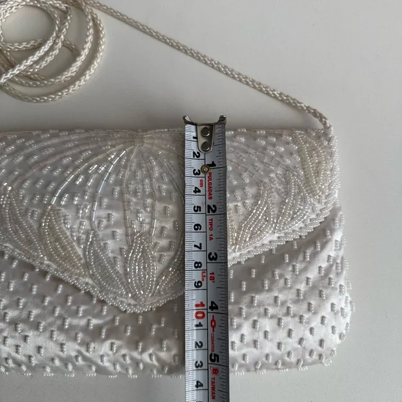 Vintage White Beaded Satin Clutch Purse | Pearl Evening Bag Bridal Prom 90s Y2K - Picture 8 of 9